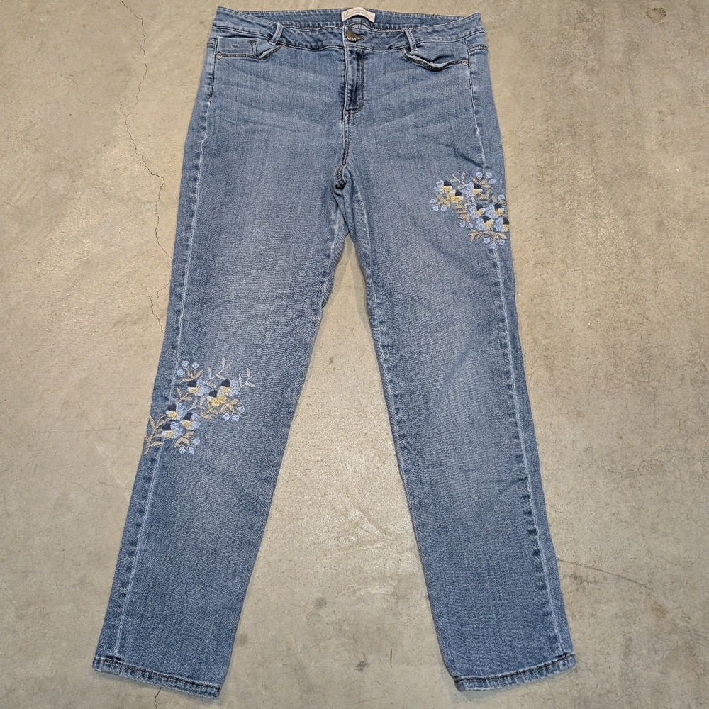J. Jill Weekender Straight Leg Jeans Women's 12 Floral Embroidery Denim Stretch